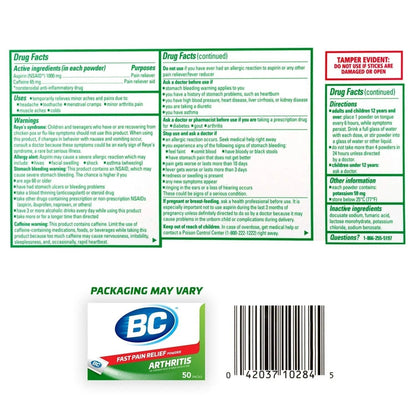 BC Powder Arthritis Pain Reliever, Aspirin Dissolve Packs, 50 Count Powder Packets - Maple Wellness Supplements