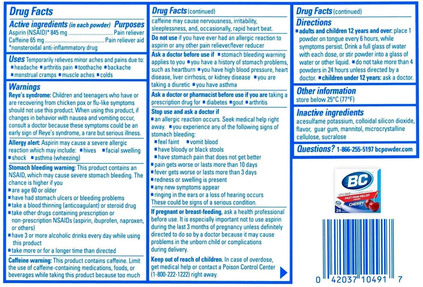BC Powder Pain Reliever, Cherry Flavor Aspirin Dissolve Packs, 24 Count Powder Packets (6 Pack) - Maple Wellness Supplements