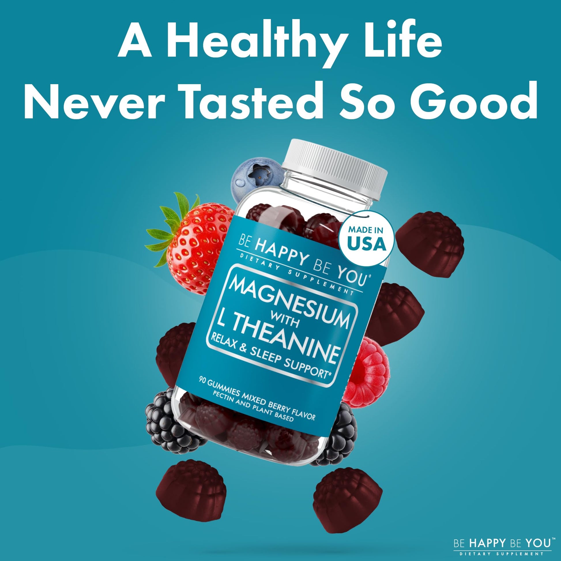Be Happy Be You Magnesium Glycinate Gummies with L-Theanine – Relaxation & Sleep Support – Vegan, Gelatin-Free, Mixed Berry Flavor - Maple Wellness Supplements