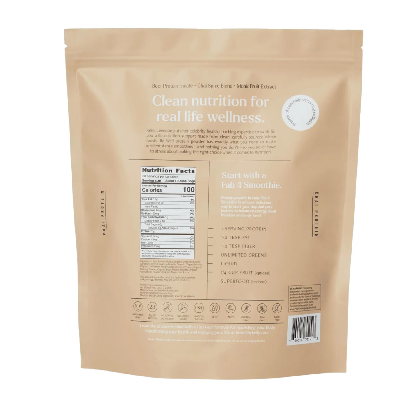 Be Well by Kelly Chai Grass-Fed Beef Protein Powder, 23G of Protein & 1G of Carbs (3 Ingredients, 30 Servings) 9 Amino Acids + 3 BCAAs No Soy, No Dairy, Stevia-Free, No Sugar Added 1.65lb 750g - Maple Wellness Supplements