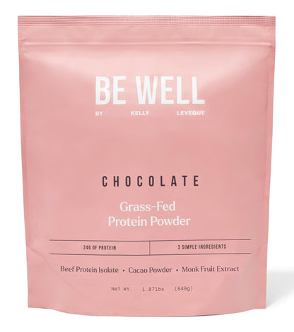 Be Well by Kelly Chocolate Grass-Fed Beef Protein Powder, 24G of Protein & 1G Net Carbs (3 Ingredients, 30 Servings) 9 Amino Acids + 3 BCAAs No Soy, No Dairy, Stevia-Free, No Sugar Added 1.87lb 849g - Maple Wellness Supplements