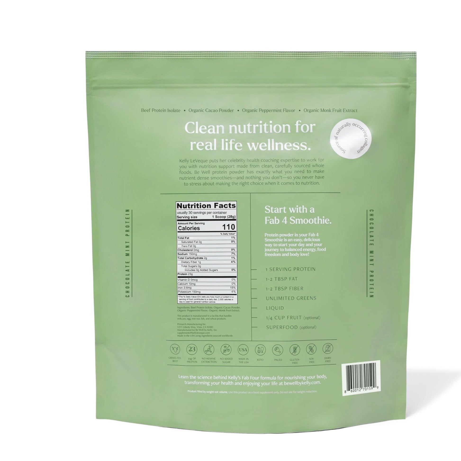 Be Well by Kelly Mint Chocolate Grass-Fed Beef Protein Powder, 23G of Protein & 1G of Carbs (4 Ingredients, 30 Servings) 9 Amino Acids + 3 BCAAs No Soy, - Maple Wellness Supplements