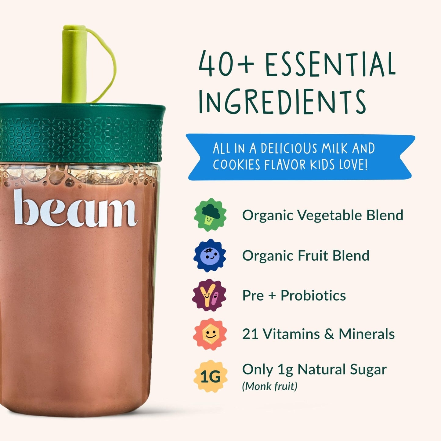 Beam Kids Multivitamin Powder – Kids Vitamins with Greens, Probiotic & Prebiotic, Immune Support for Children & Toddlers, No Artificial Sweeteners, For Picky Eaters, - Maple Wellness Supplements