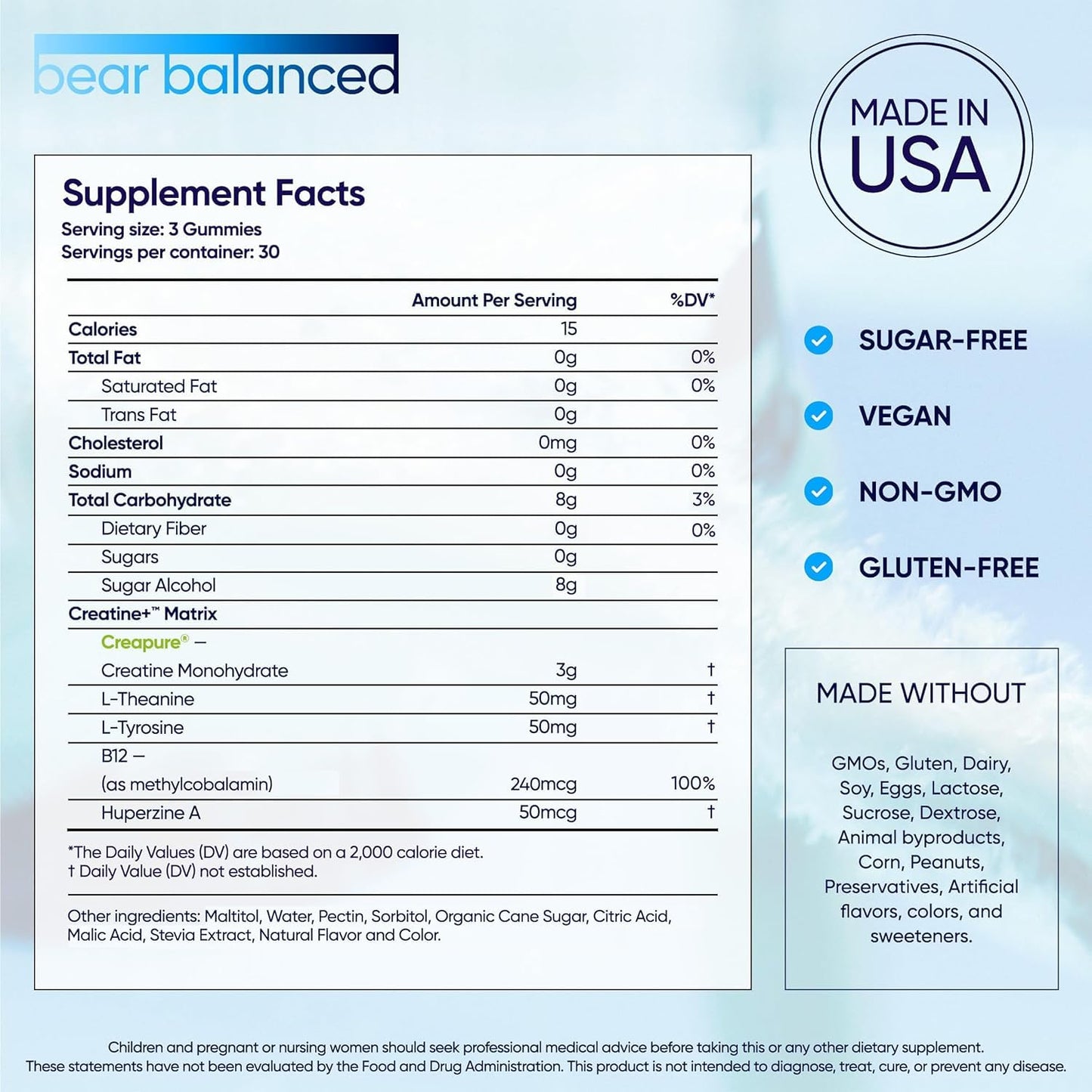 Bear Balanced Creatine Gummies for Men & Women - Creapure® Creatine Monohydrate, L-Theanine, L-Tyrosine & B12 for Muscle Growth, Strength, Focus, Energy & Health - Maple Wellness Supplements