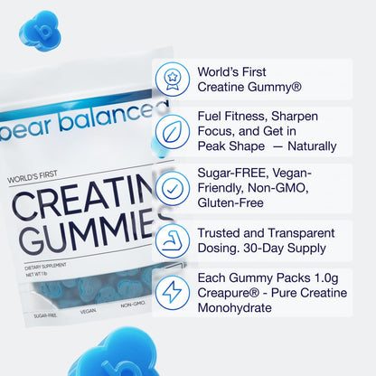 Bear Balanced Creatine Gummies for Men & Women - Creapure® Creatine Monohydrate, L-Theanine, L-Tyrosine & B12 for Muscle Growth, Strength, Focus, Energy & Health - Maple Wellness Supplements