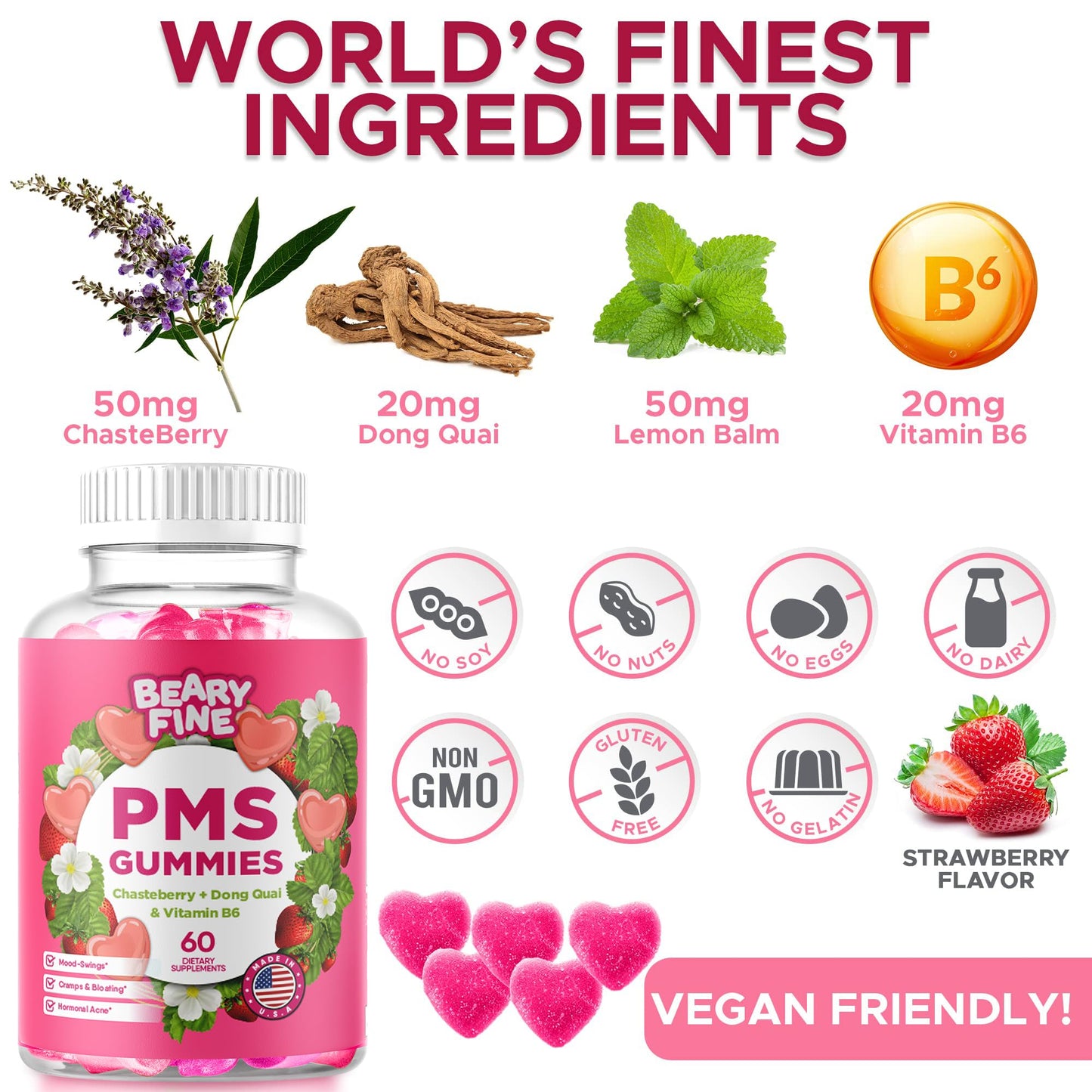 Beary Fine PMS Gummies - PMS Vitamins for Women & Teens - PMS Period Relief - Cramping, Bloating, Mood Swings - Made in The USA (Strawberry, 60 Count) - Maple Wellness Supplements