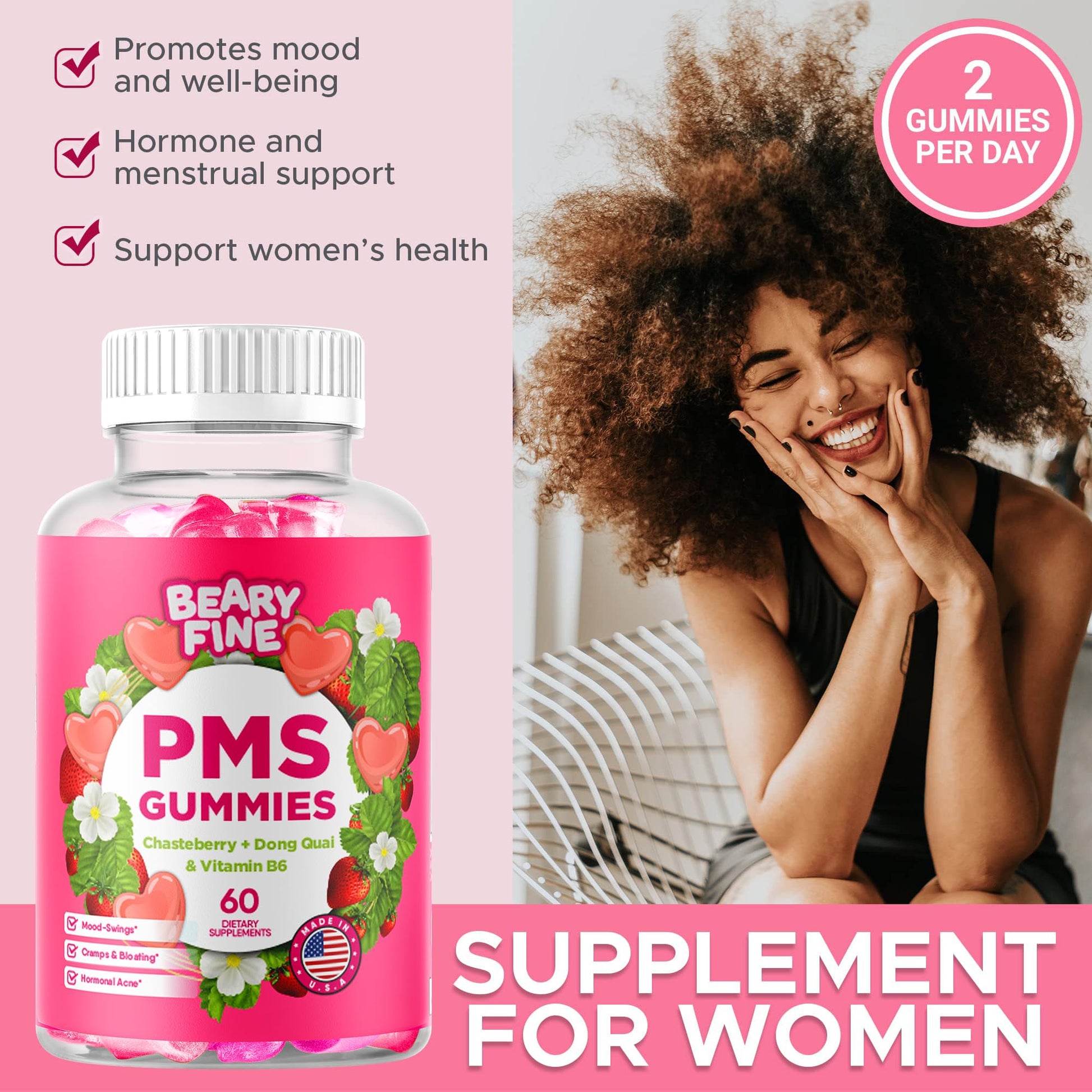 Beary Fine PMS Gummies - PMS Vitamins for Women & Teens - PMS Period Relief - Cramping, Bloating, Mood Swings - Made in The USA (Strawberry, 60 Count) - Maple Wellness Supplements