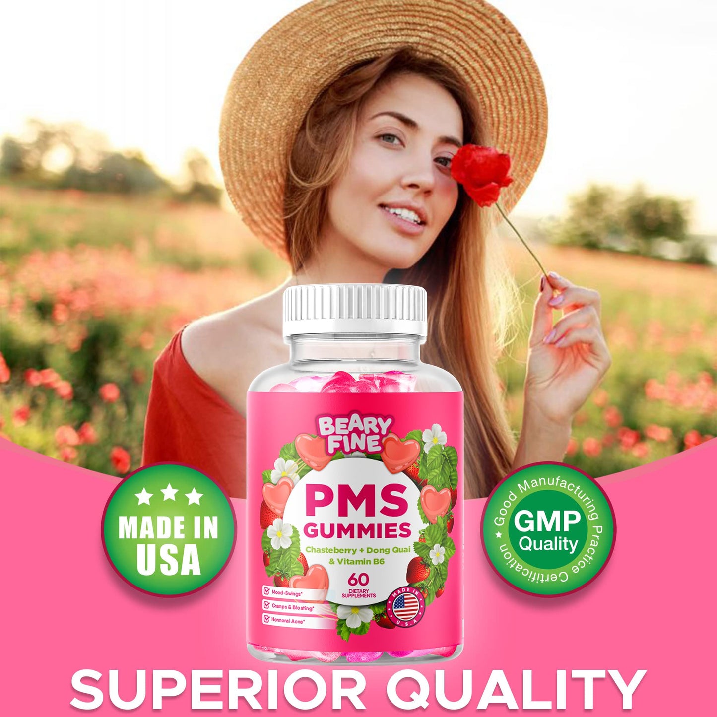 Beary Fine PMS Gummies - PMS Vitamins for Women & Teens - PMS Period Relief - Cramping, Bloating, Mood Swings - Made in The USA (Strawberry, 60 Count) - Maple Wellness Supplements