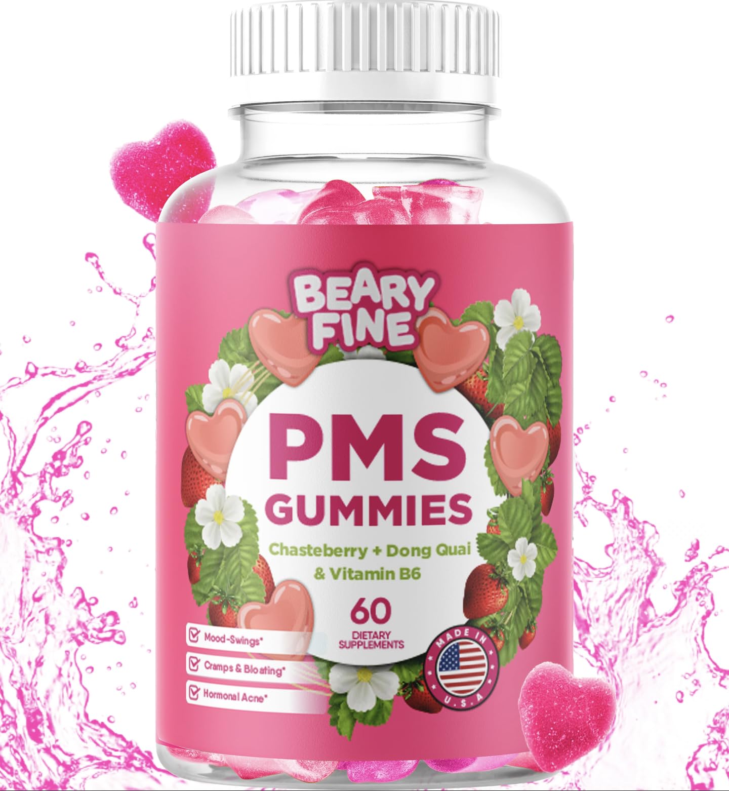 Beary Fine PMS Gummies - PMS Vitamins for Women & Teens - PMS Period Relief - Cramping, Bloating, Mood Swings - Made in The USA (Strawberry, 60 Count) - Maple Wellness Supplements