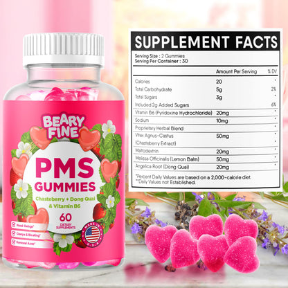 Beary Fine PMS Gummies - PMS Vitamins for Women & Teens - PMS Period Relief - Cramping, Bloating, Mood Swings - Made in The USA (Strawberry, 60 Count) - Maple Wellness Supplements