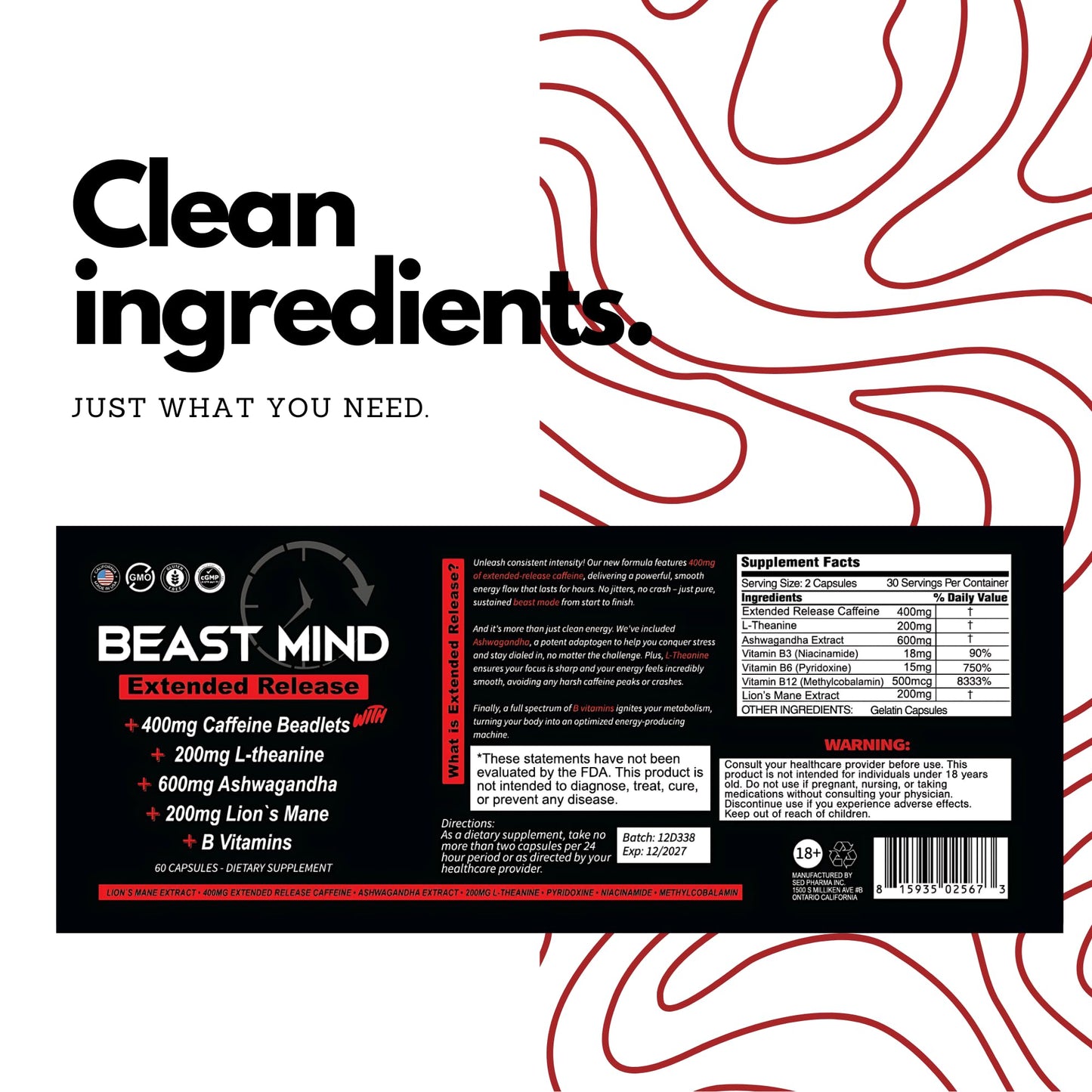 Beast Mind Extended Release Extreme Energy Pills | 400mg XR Caffeine | 600mg Ashwagandha | 200mg Lion's Mane, Increased Energy & Focus, Natural Nootropic Labs - Maple Wellness Supplements