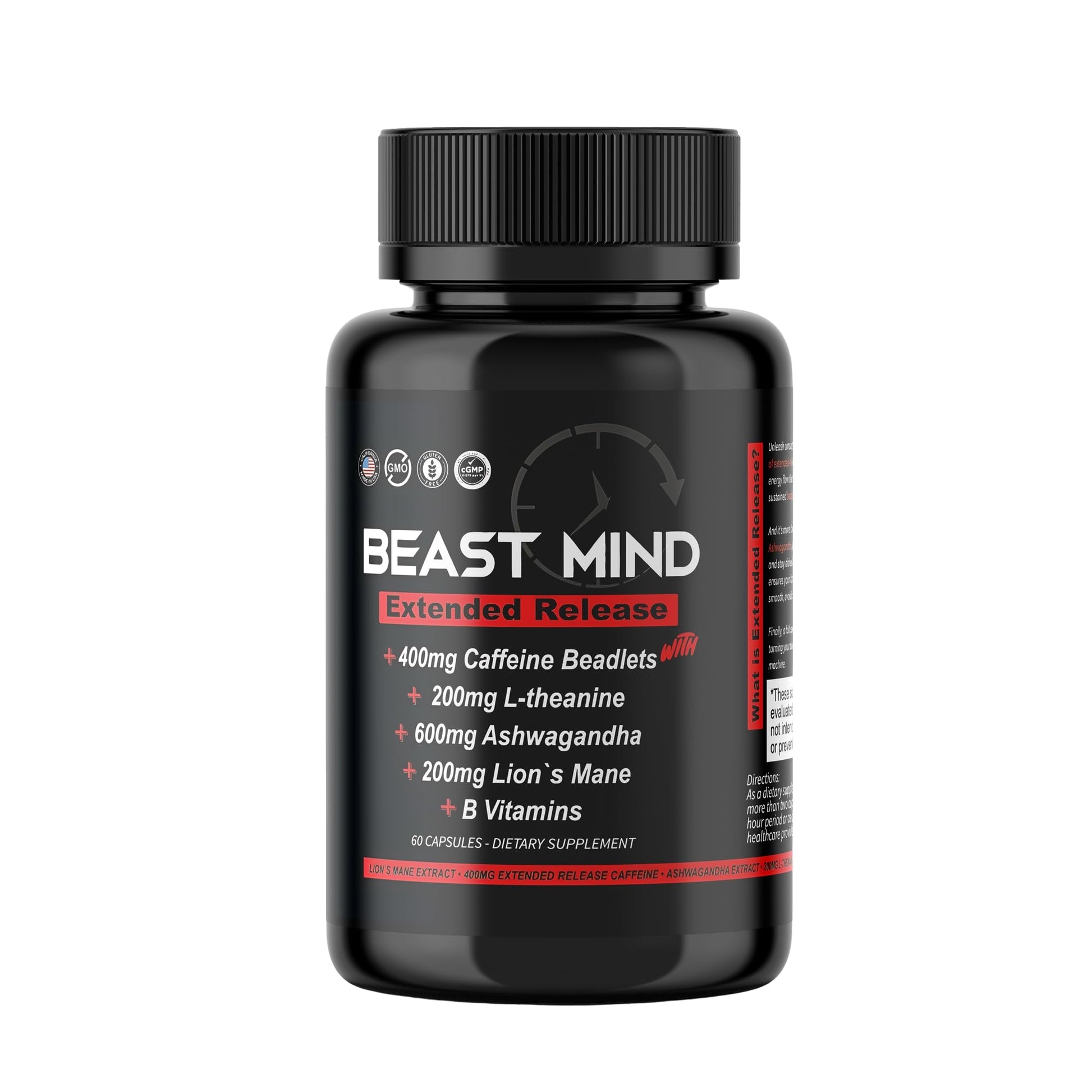 Beast Mind Extended Release Extreme Energy Pills | 400mg XR Caffeine | 600mg Ashwagandha | 200mg Lion's Mane, Increased Energy & Focus, Natural Nootropic Labs - Maple Wellness Supplements