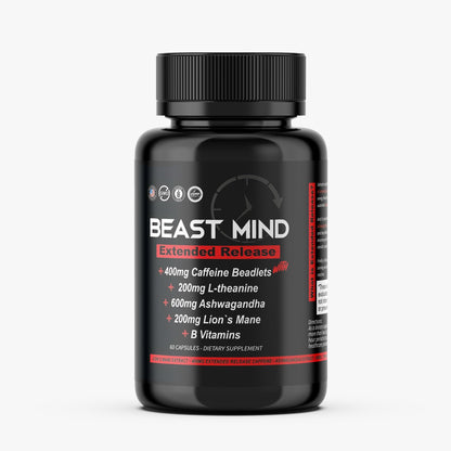 Beast Mind Extended Release Extreme Energy Pills | 400mg XR Caffeine | 600mg Ashwagandha | 200mg Lion's Mane, Increased Energy & Focus, Natural Nootropic Labs - Maple Wellness Supplements