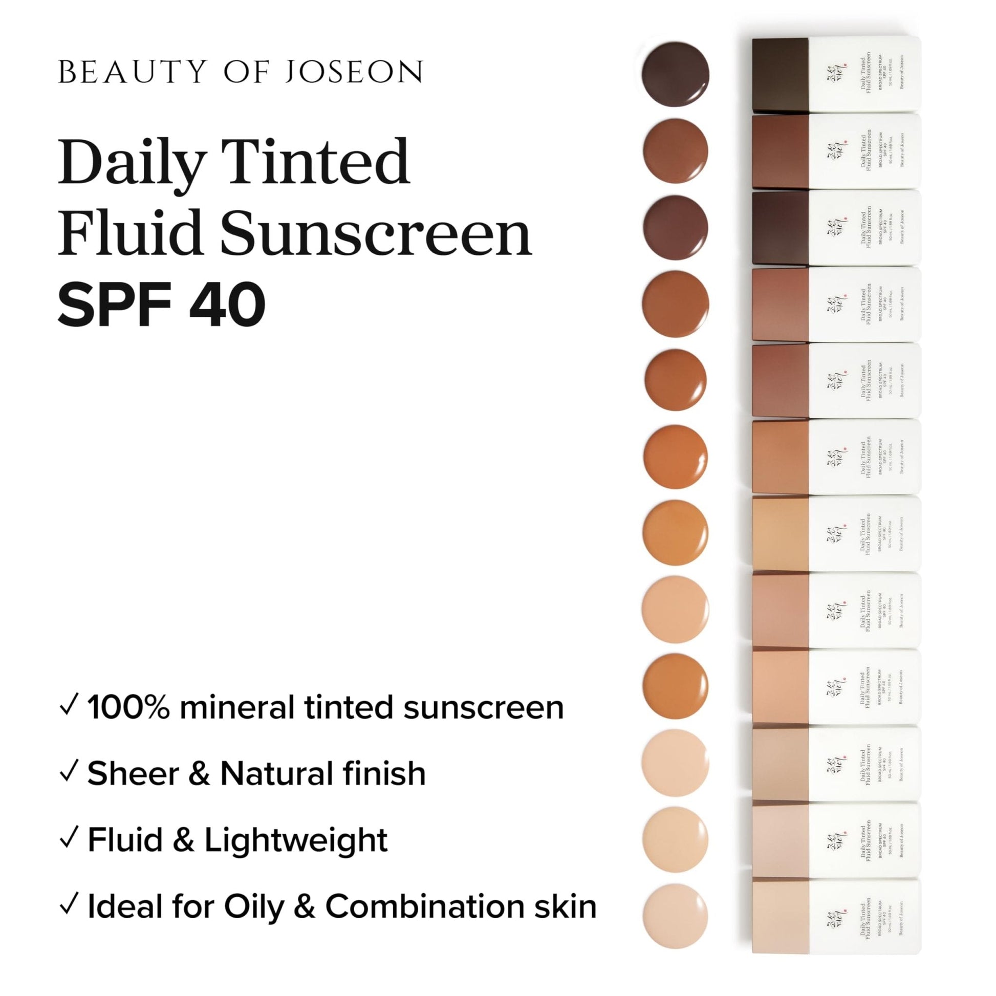 Beauty of Joseon Daily Tinted Fluid Sunscreen 12 Shades for Face Moisturizing Broad Spectrum SPF 40 Korean Skincare 50ml, 1.69 fl.oz - Maple Wellness Supplements