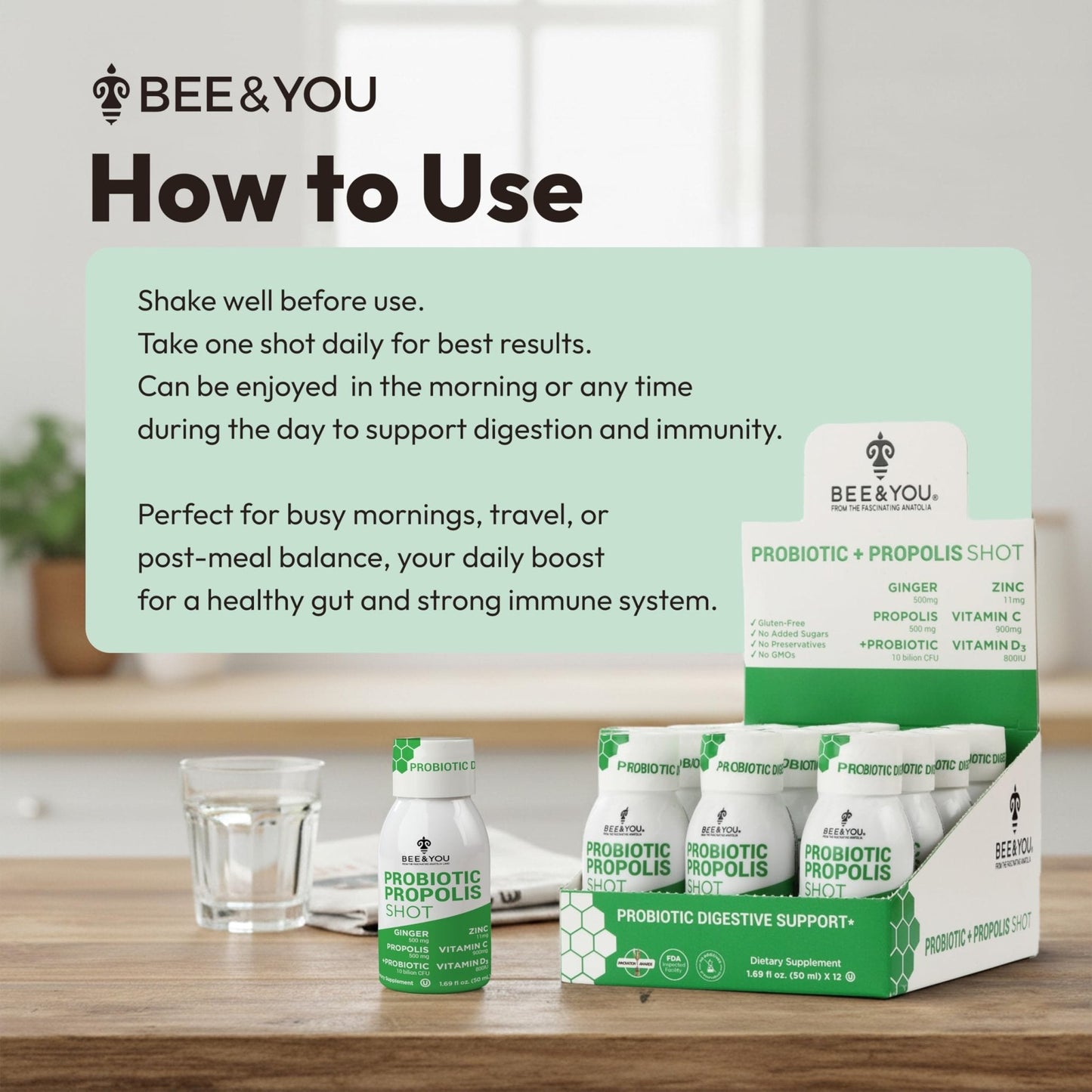 Bee and You Propolis Immune Shot, Probiotic, Vitamin C, Vitamin D3, Zinc, Ginger, Immune Support, Gut Health, Digestive Health, Bioactive 1.69 Fl. oz, 12 Pack - Maple Wellness Supplements