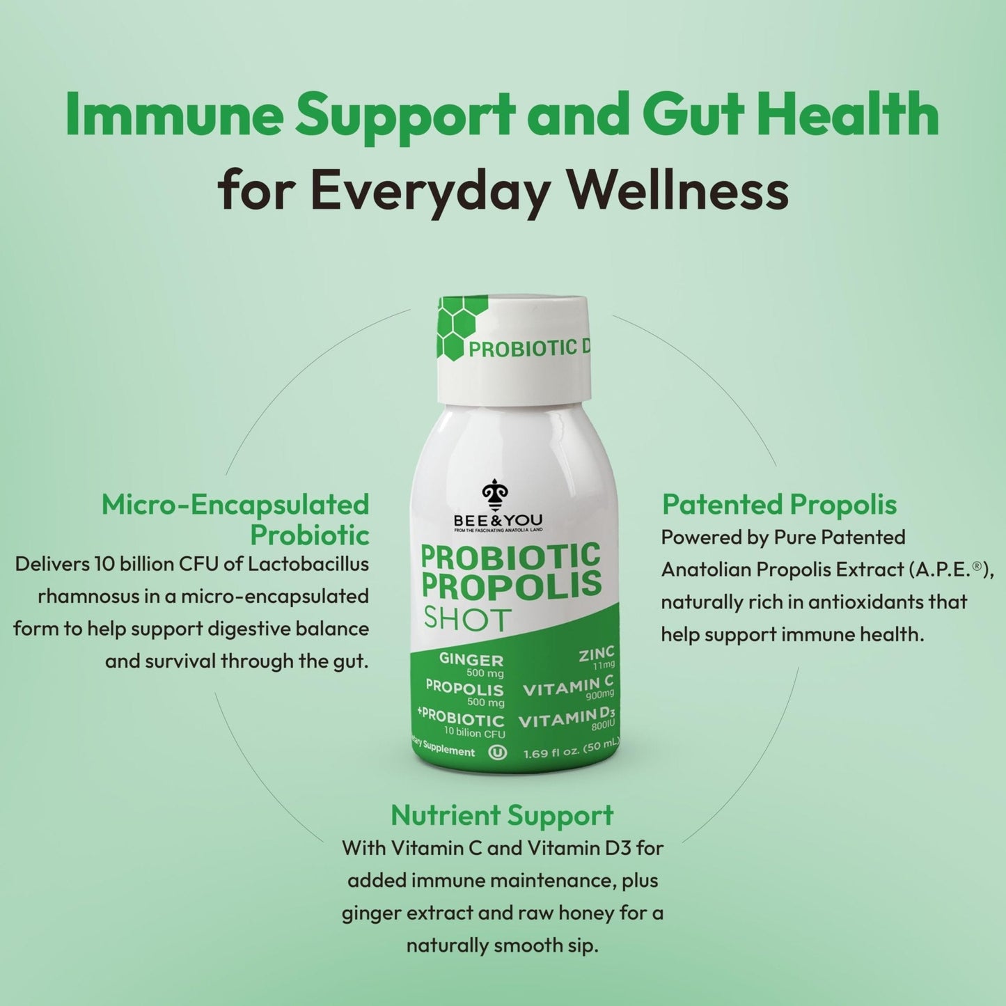Bee and You Propolis Immune Shot, Probiotic, Vitamin C, Vitamin D3, Zinc, Ginger, Immune Support, Gut Health, Digestive Health, Bioactive 1.69 Fl. oz, 12 Pack - Maple Wellness Supplements