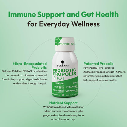 Bee and You Propolis Immune Shot, Probiotic, Vitamin C, Vitamin D3, Zinc, Ginger, Immune Support, Gut Health, Digestive Health, Bioactive 1.69 Fl. oz, 12 Pack - Maple Wellness Supplements