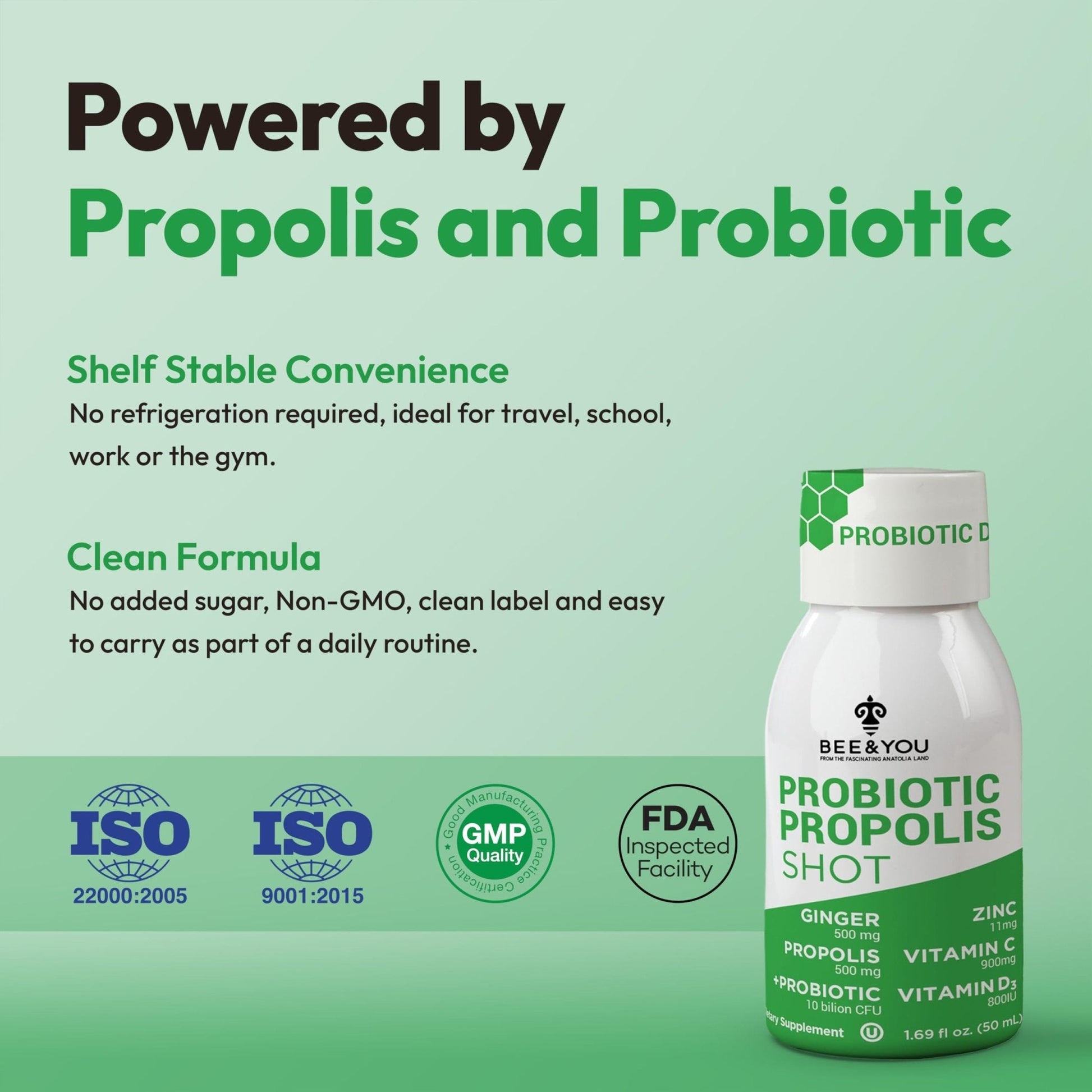 Bee and You Propolis Immune Shot, Probiotic, Vitamin C, Vitamin D3, Zinc, Ginger, Immune Support, Gut Health, Digestive Health, Bioactive 1.69 Fl. oz, 12 Pack - Maple Wellness Supplements