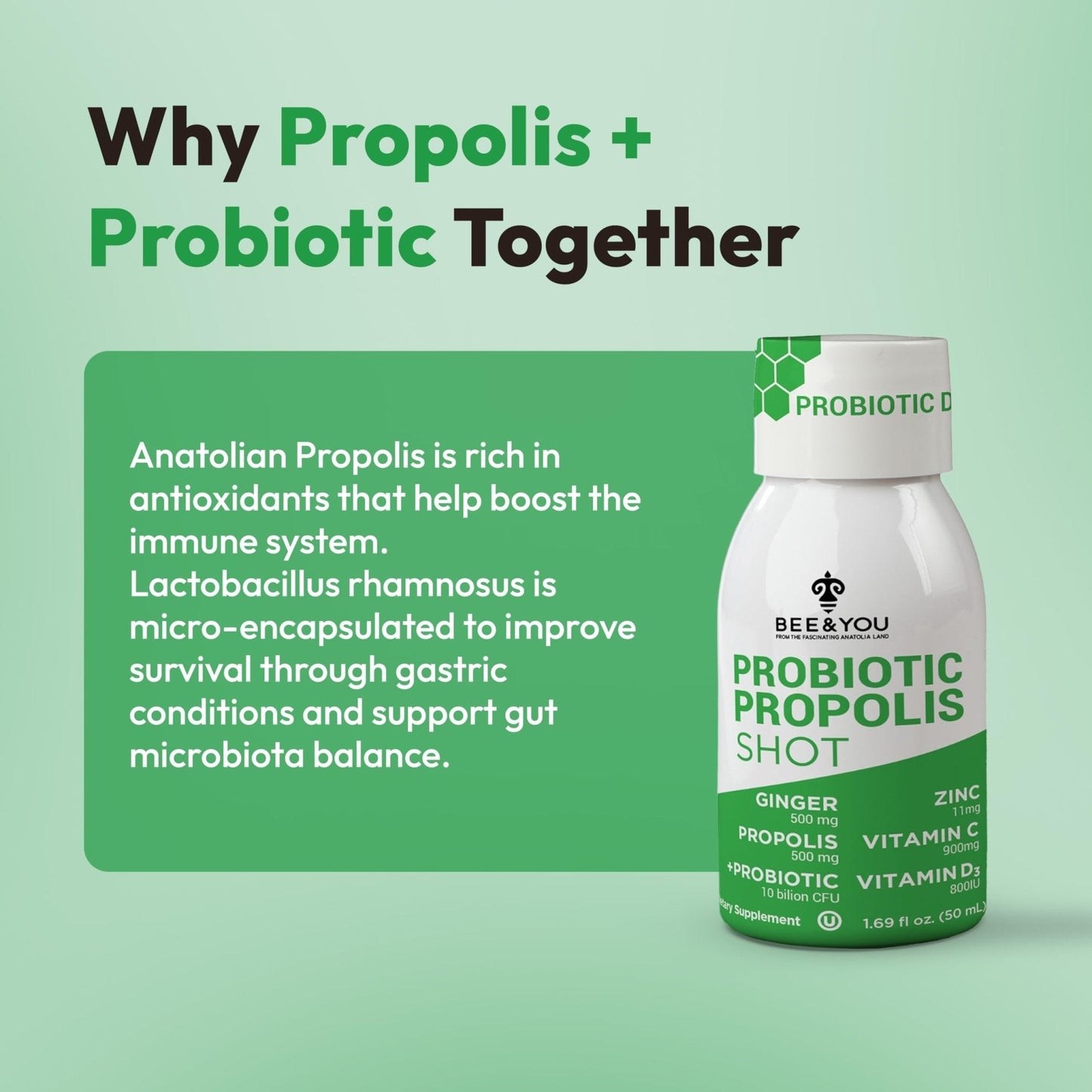Bee and You Propolis Immune Shot, Probiotic, Vitamin C, Vitamin D3, Zinc, Ginger, Immune Support, Gut Health, Digestive Health, Bioactive 1.69 Fl. oz, 12 Pack - Maple Wellness Supplements