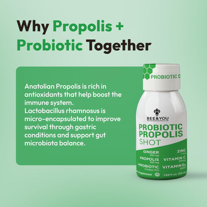 Bee and You Propolis Immune Shot, Probiotic, Vitamin C, Vitamin D3, Zinc, Ginger, Immune Support, Gut Health, Digestive Health, Bioactive 1.69 Fl. oz, 12 Pack - Maple Wellness Supplements