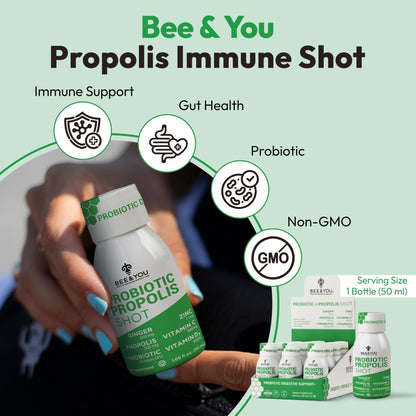 Bee and You Propolis Immune Shot, Probiotic, Vitamin C, Vitamin D3, Zinc, Ginger, Immune Support, Gut Health, Digestive Health, Bioactive 1.69 Fl. oz, 12 Pack - Maple Wellness Supplements
