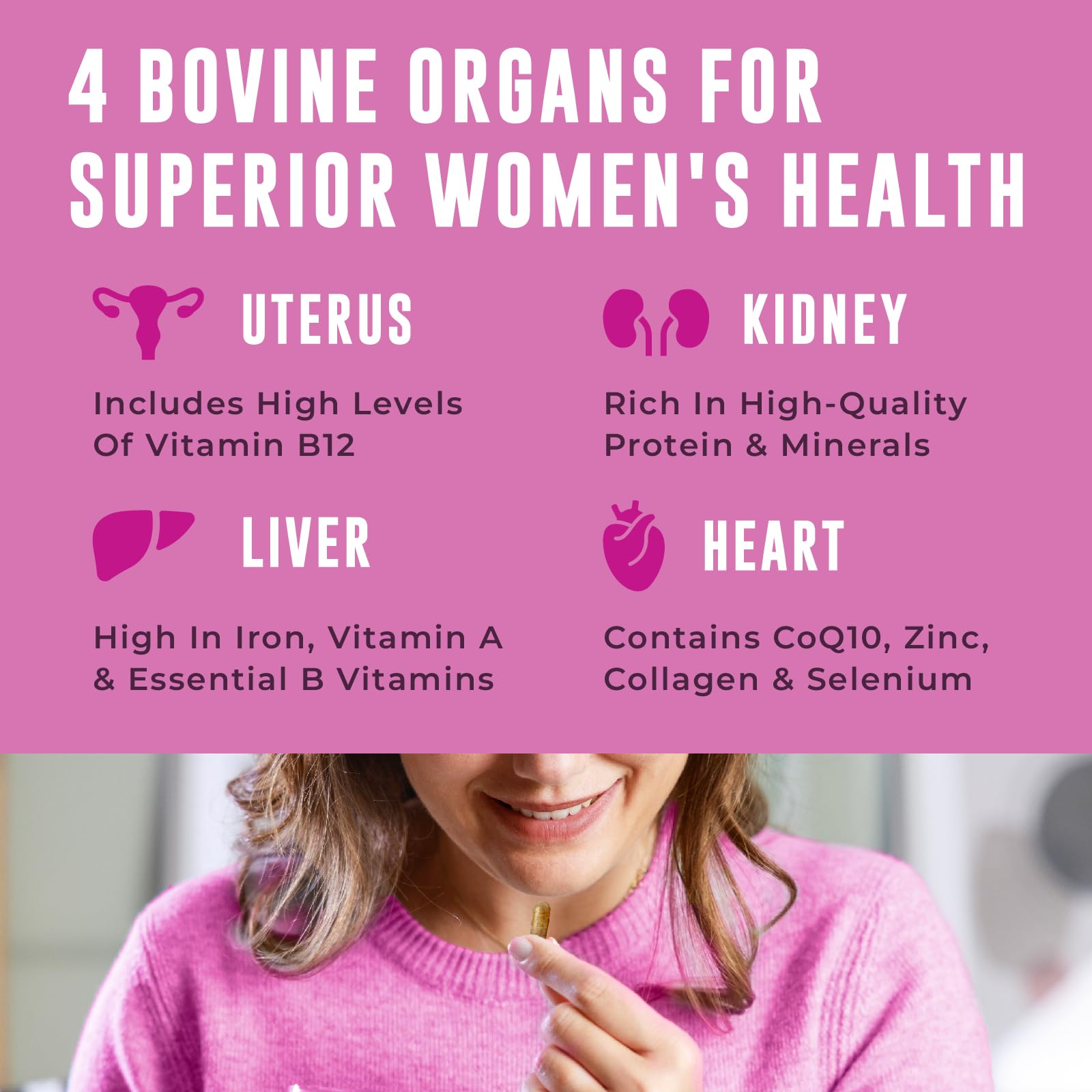 Beef Organ Supplement for Women - Beef Liver, Kidney, Heart and Uterus Tissue, Supports Women's Overall Energy and Health - Pasture Raised in New Zealand - Maple Wellness Supplements