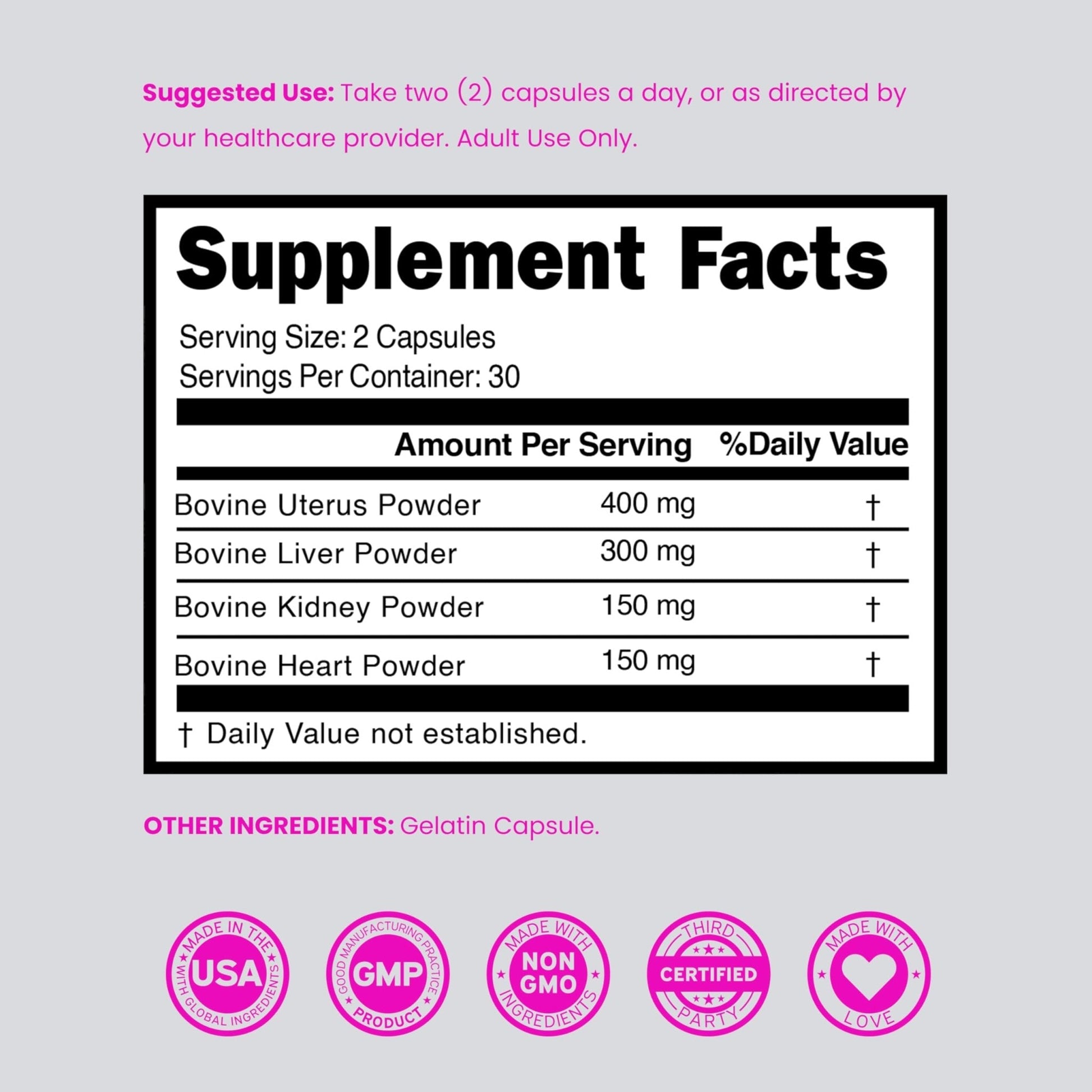 Beef Organ Supplement for Women - Grass Fed Beef Liver, Heart, Kidney & Uterus 1000mg - Maple Wellness Supplements