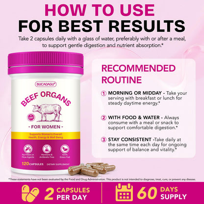 Beef Organ Supplement for Women - Grass-Fed Beef Liver, Kidney, Heart, Uterus, Ovary - Supports Female Energy & Hormone Balance - Pasture Raised in New Zealand - Maple Wellness Supplements