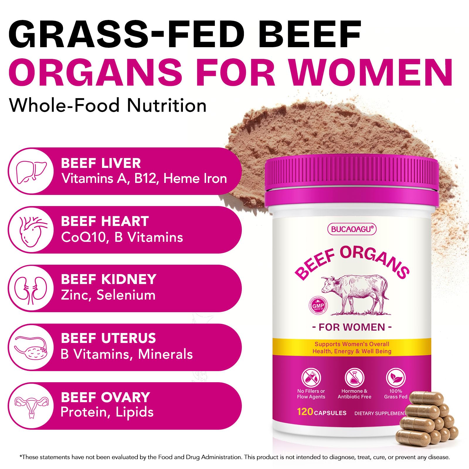 Beef Organ Supplement for Women - Grass-Fed Beef Liver, Kidney, Heart, Uterus, Ovary - Supports Female Energy & Hormone Balance - Pasture Raised in New Zealand - Maple Wellness Supplements