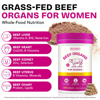 Beef Organ Supplement for Women - Grass-Fed Beef Liver, Kidney, Heart, Uterus, Ovary - Supports Female Energy & Hormone Balance - Pasture Raised in New Zealand - Maple Wellness Supplements
