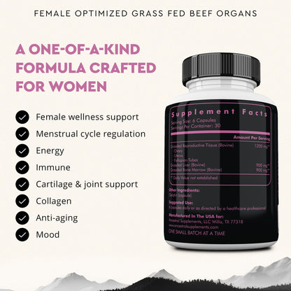 Beef Organ Supplement for Women – Supports Hormone Balance, Energy & Wellness – Grass Fed, Pasture Raised Superfood – Liver, Heart, Kidney, Bone Marrow – Collagen, CoQ10, B12 – Female Support Blend - Maple Wellness Supplements