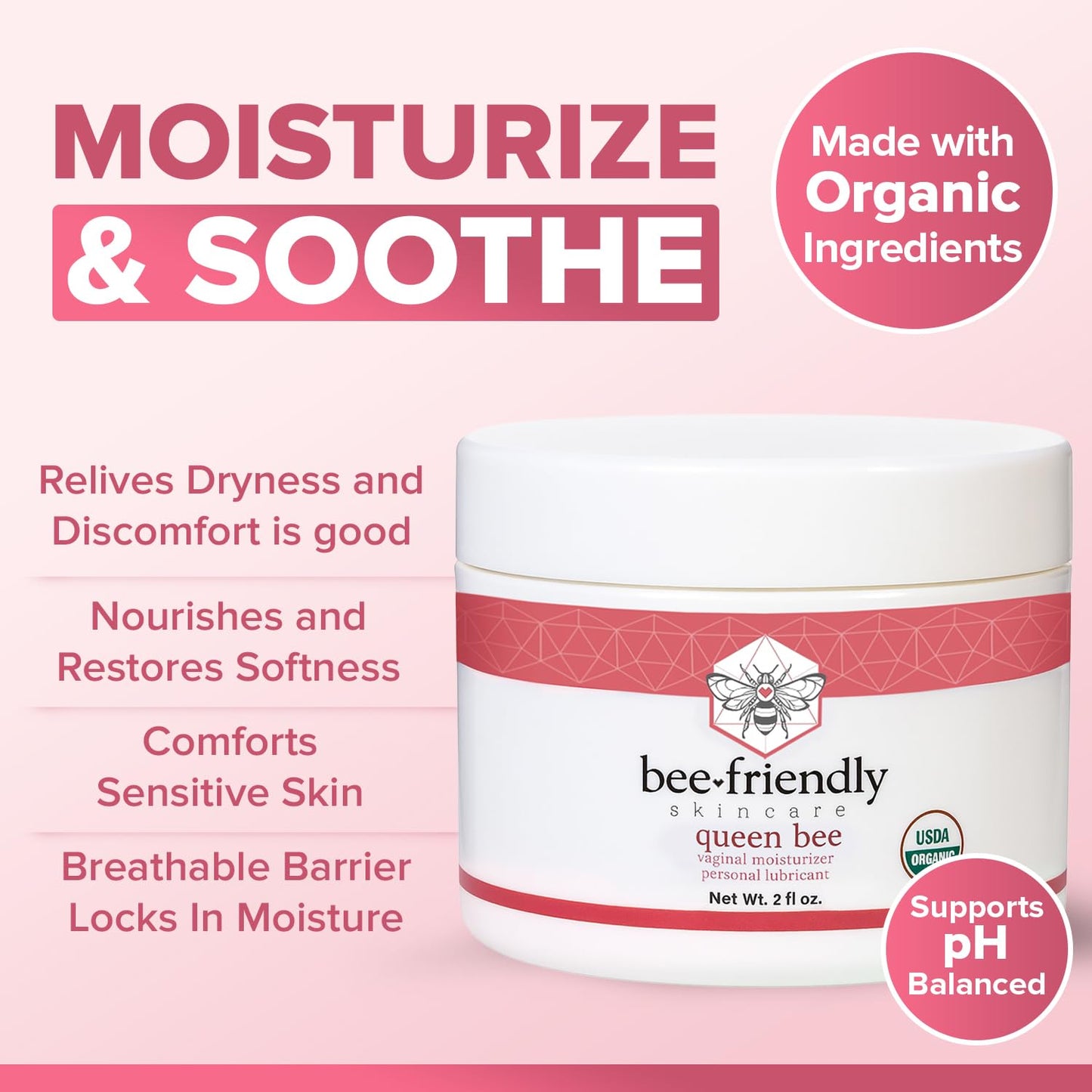 BeeFriendly Organic Vaginal Moisturizer, USDA Certified, Natural Vulva Cream For Dryness, Itching, Irritation, Redness, Chafing Of Vagina Due To Menopause & Thinning 2 oz - Maple Wellness Supplements