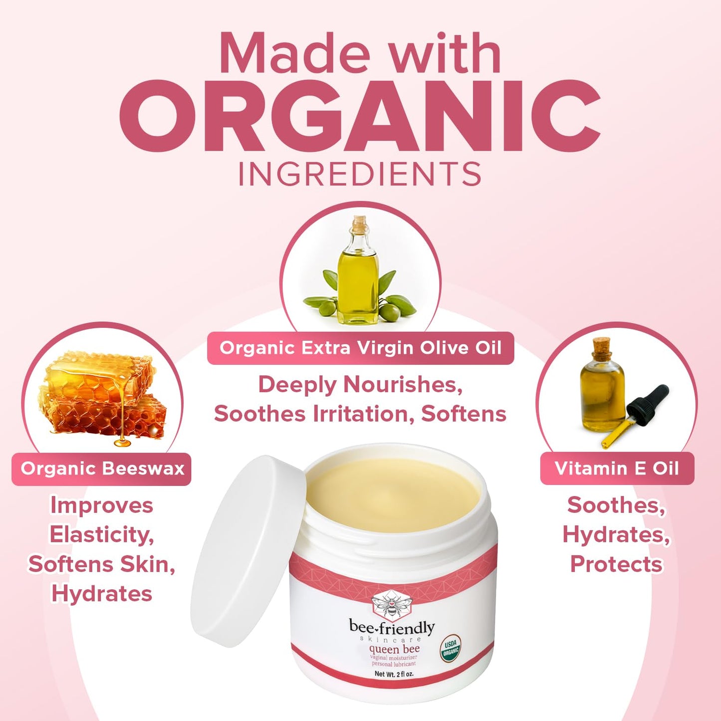 BeeFriendly Organic Vaginal Moisturizer, USDA Certified, Natural Vulva Cream For Dryness, Itching, Irritation, Redness, Chafing Of Vagina Due To Menopause & Thinning 2 oz - Maple Wellness Supplements