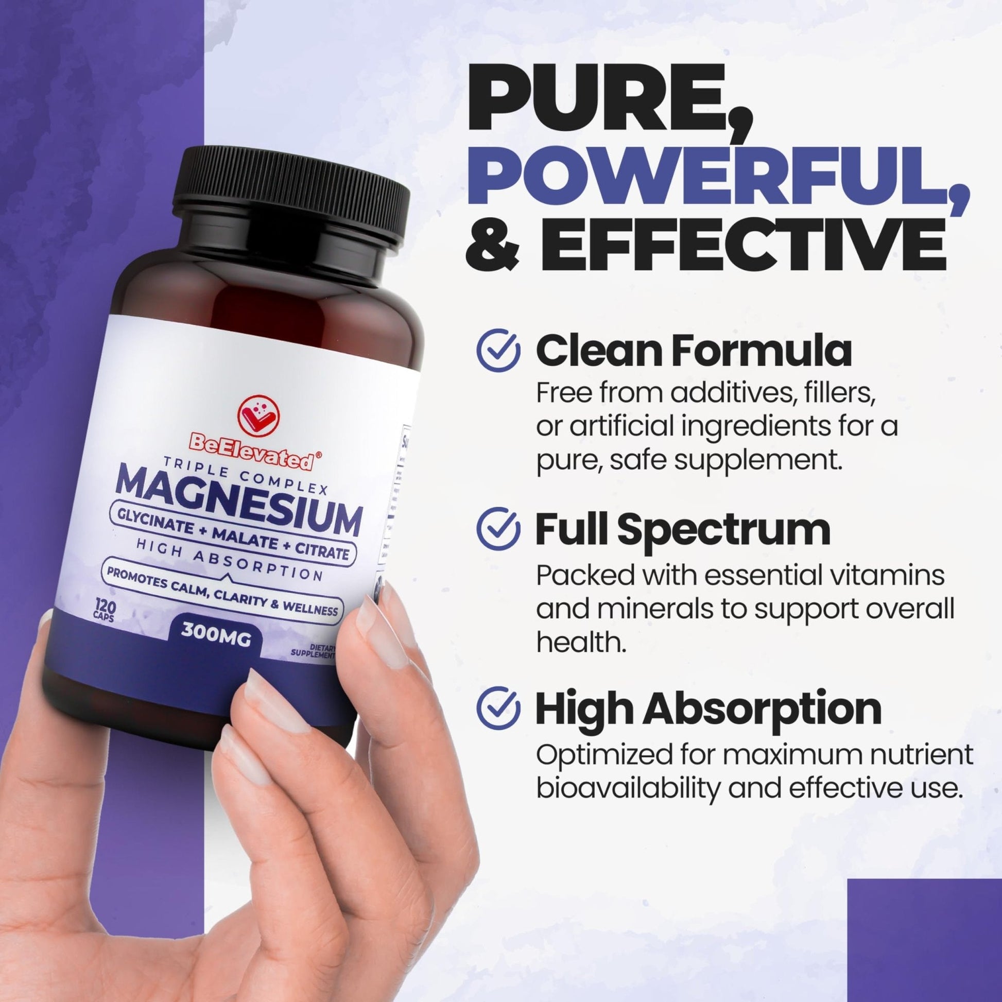 BeElevated High Absorption Triple Magnesium Complex for Sleep, Relaxation & Muscle Support – 300mg of Magnesium Glycinate, Citrate & Malate - Maple Wellness Supplements