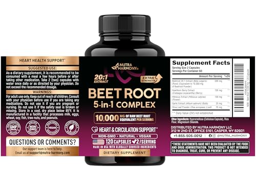 Beet Root 5-in-1 Complex Capsules - Healthy Blood Pressure Support Supplement for Heart & Circulation Support - Olive Leaf, Hawthorn Berry & Hibiscus - Maple Wellness Supplements