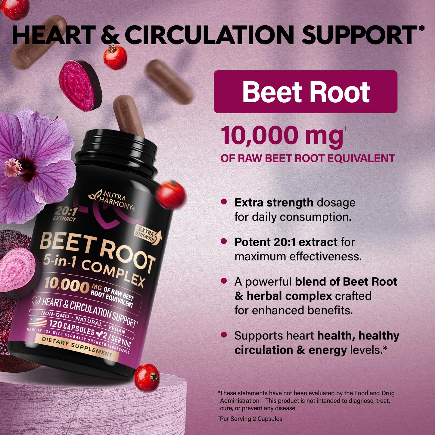Beet Root 5-in-1 Complex Capsules - Healthy Blood Pressure Support Supplement for Heart & Circulation Support - Olive Leaf, Hawthorn Berry & Hibiscus - Maple Wellness Supplements