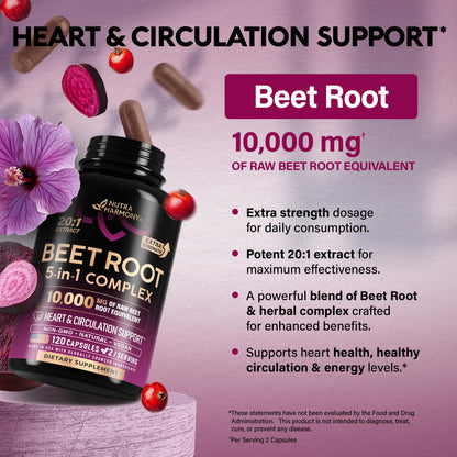 Beet Root 5-in-1 Complex Capsules - Healthy Blood Pressure Support Supplement for Heart & Circulation Support - Olive Leaf, Hawthorn Berry & Hibiscus - Maple Wellness Supplements