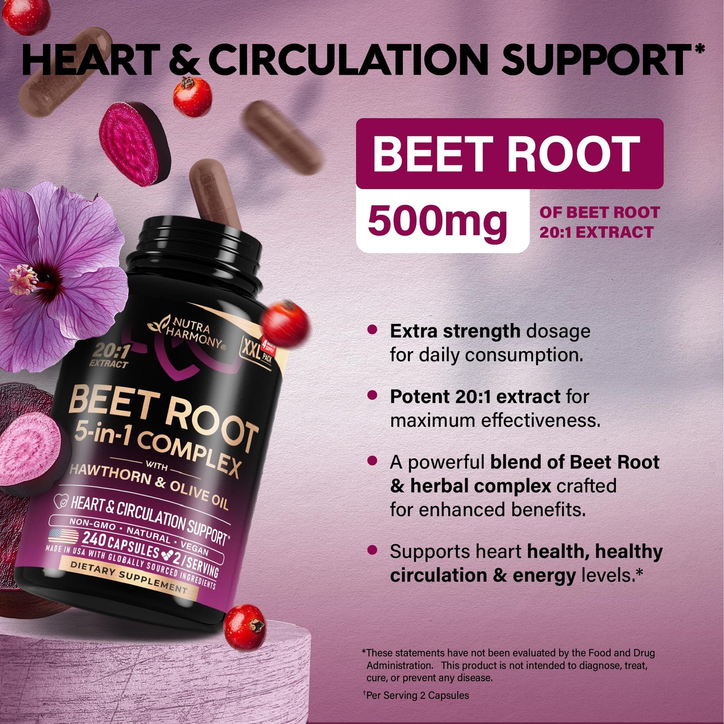 Beet Root 5-in-1 Complex Capsules - Healthy Blood Pressure Support Supplement** for Heart & Circulation Support - with Hawthorn Berry, Hibiscus & Garlic - Maple Wellness Supplements
