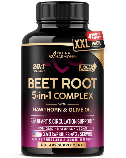 Beet Root 5-in-1 Complex Capsules - Healthy Blood Pressure Support Supplement** for Heart & Circulation Support - with Hawthorn Berry, Hibiscus & Garlic - Maple Wellness Supplements