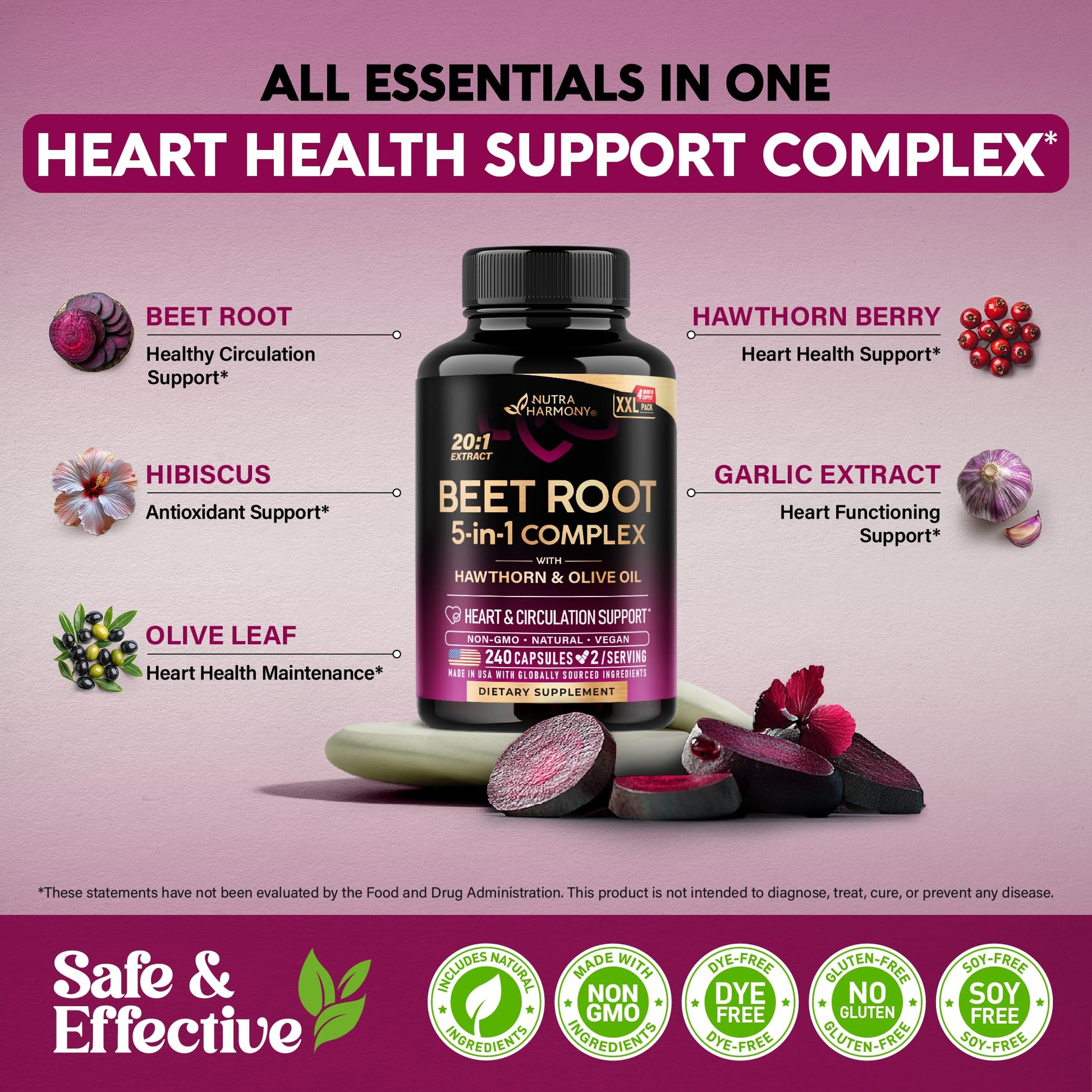 Beet Root 5-in-1 Complex Capsules - Healthy Blood Pressure Support Supplement** for Heart & Circulation Support - with Hawthorn Berry, Hibiscus & Garlic - Maple Wellness Supplements
