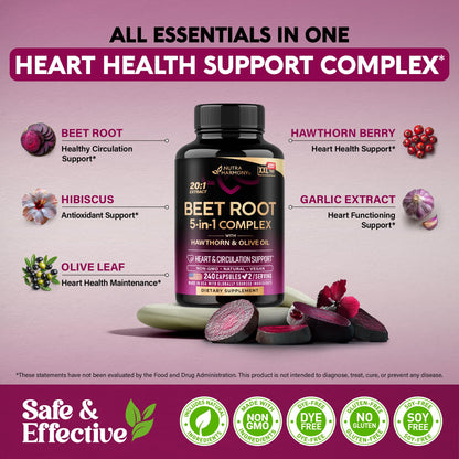 Beet Root 5-in-1 Complex Capsules - Healthy Blood Pressure Support Supplement** for Heart & Circulation Support - with Hawthorn Berry, Hibiscus & Garlic - Maple Wellness Supplements