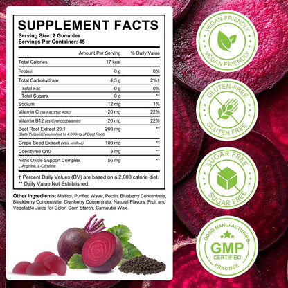 Beet Root Gummies Enriched with 200mg CoQ10 & Beet Root Extract for Blood Pressure, Heart Health Support, Energy Level Suport, Promoting Nitric Oxide - Maple Wellness Supplements