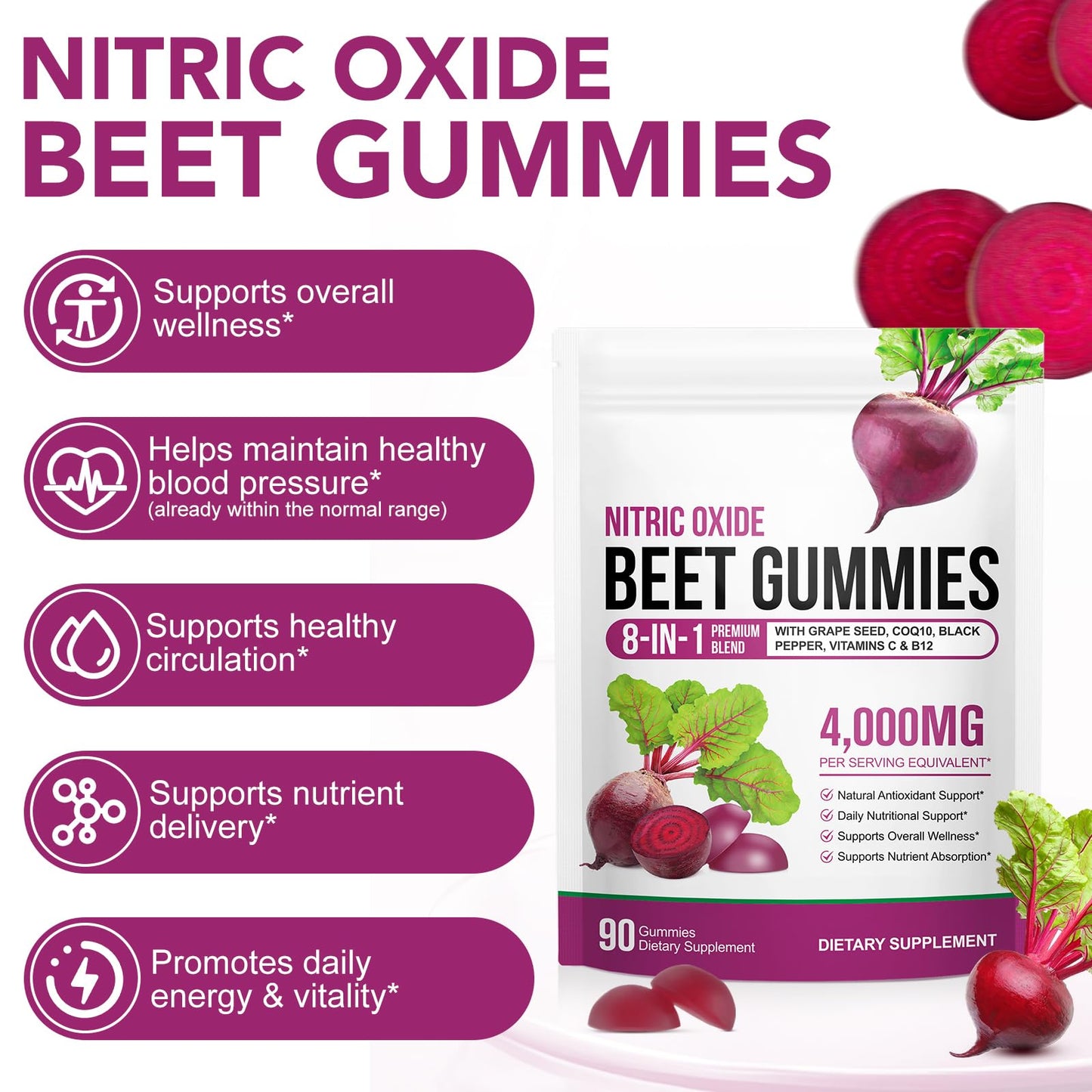 Beet Root Gummies Enriched with 200mg CoQ10 & Beet Root Extract for Blood Pressure, Heart Health Support, Energy Level Suport, Promoting Nitric Oxide - Maple Wellness Supplements
