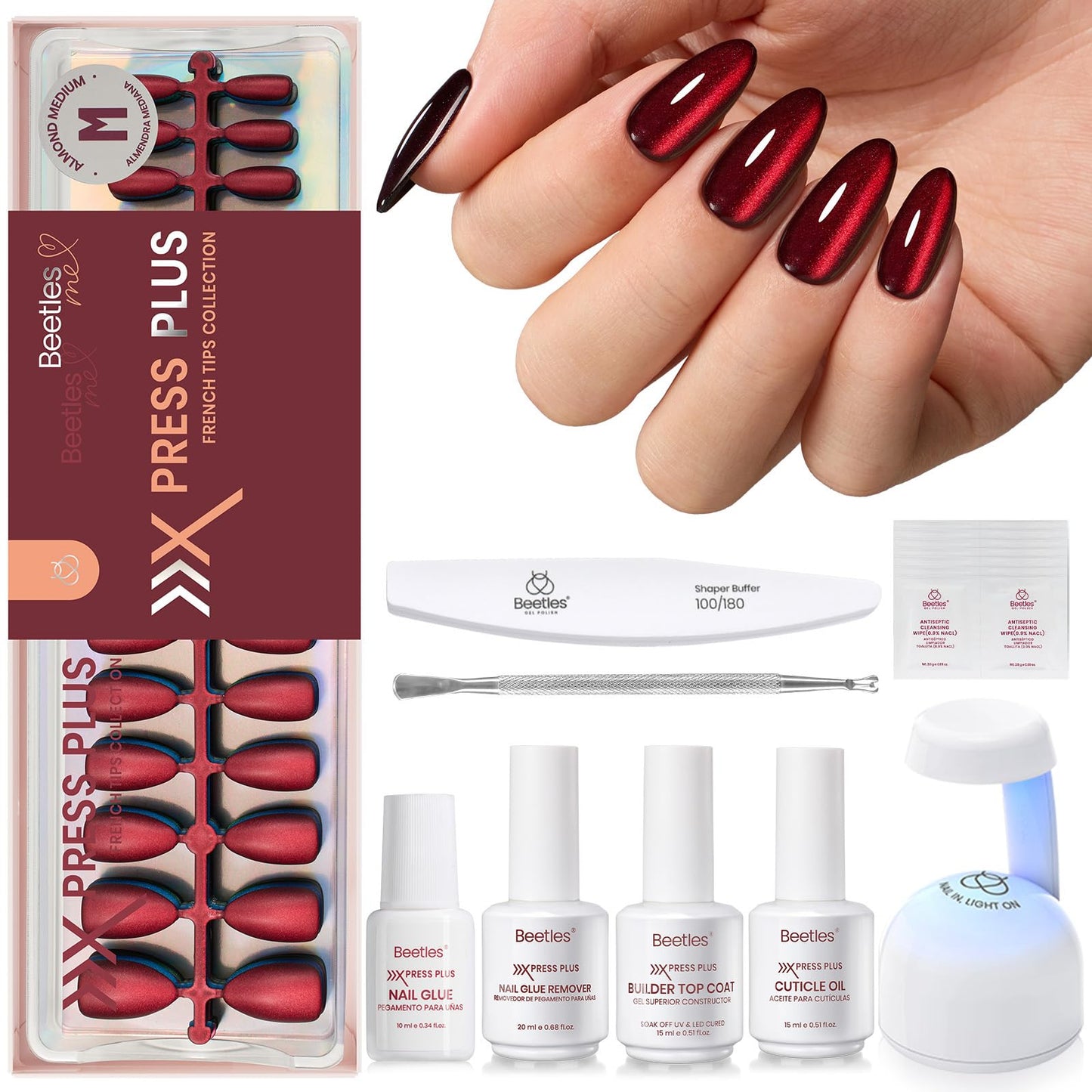Beetles Cat Eye Nails Kit - Enchanted Aurora | 7 Colors Cat Eye Press On Nails Medium Almond | 224Pcs 16 Sizes All-in-One Kit With Nail Glue,Remover,Builder Top Coat,Nail Lamp Gift - Maple Wellness Supplements