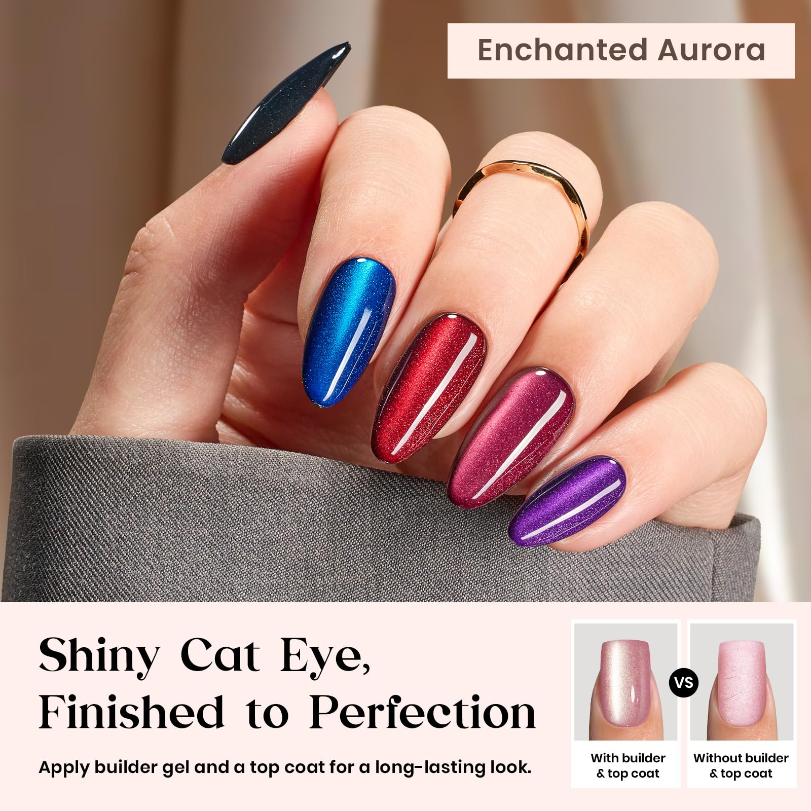 Beetles Cat Eye Nails Kit - Enchanted Aurora | 7 Colors Cat Eye Press On Nails Medium Almond | 224Pcs 16 Sizes All-in-One Kit With Nail Glue,Remover,Builder Top Coat,Nail Lamp Gift - Maple Wellness Supplements