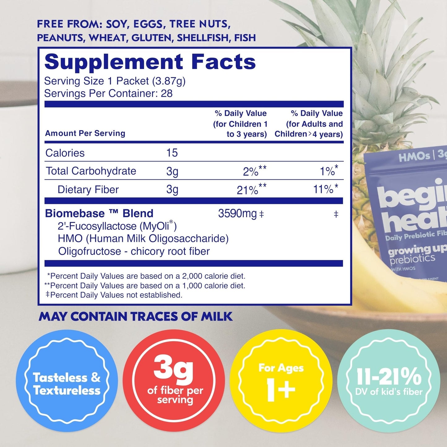 Begin Health Growing Up Prebiotics for Kids 28-Packs | Prebiotic Soluble Powder Stool Softeners and Digestive Gut Health Supplement | Ideal to Mix with Kids Daily - Maple Wellness Supplements