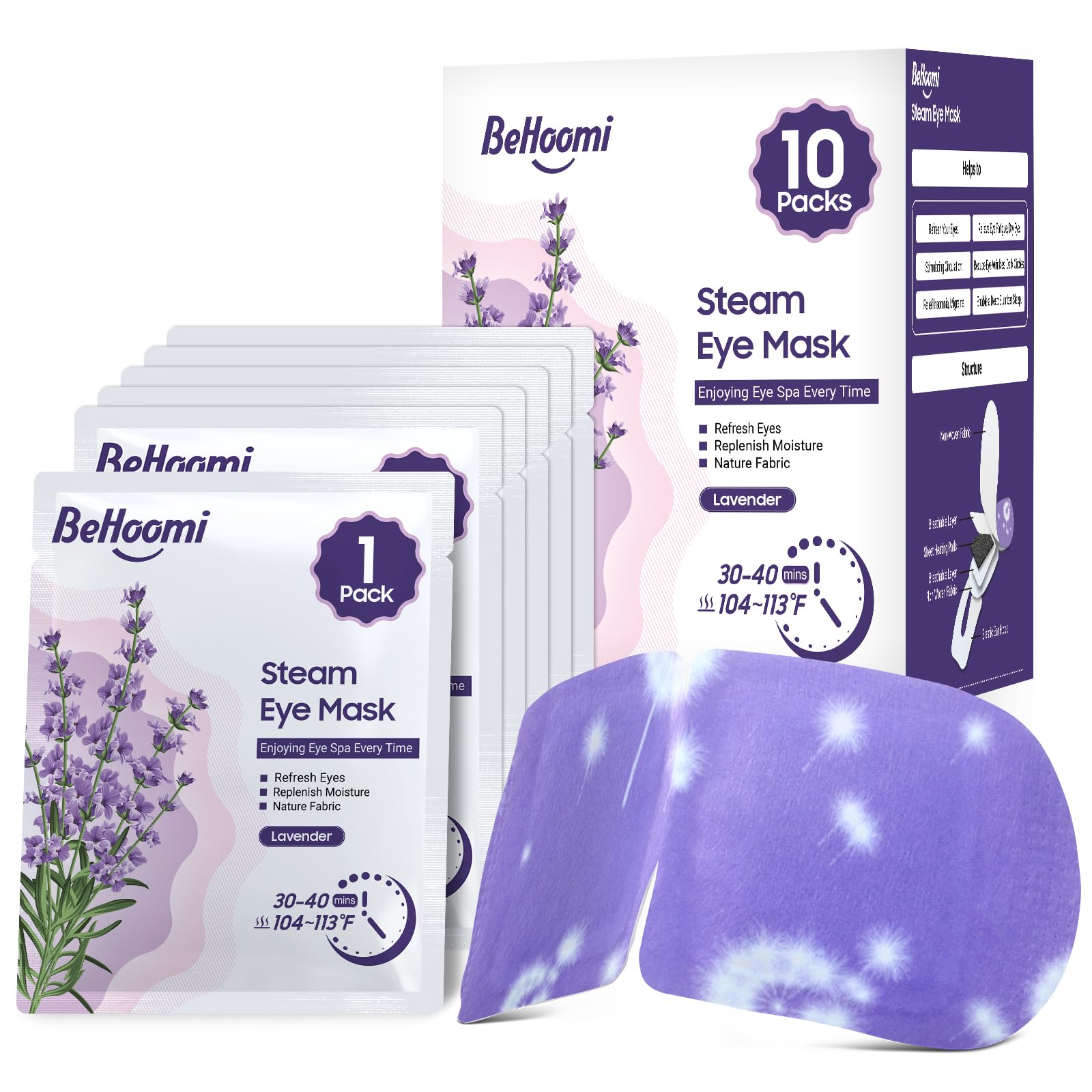 BeHoomi Steam Eye Mask, 10 Packs Heated Eye Mask, Self Heating Disposable SPA Warm Compress for Eyes Sleep Mask, Travel Essentials - Maple Wellness Supplements