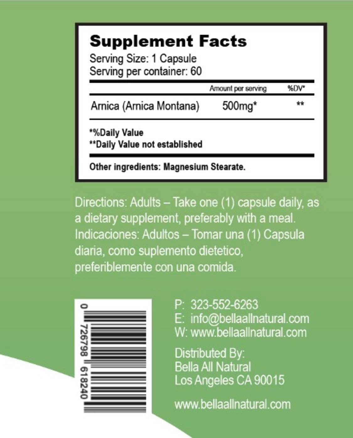 Bella All Natural Arnica Capsules 500 mg, 60 Count - Maple Wellness Supplements