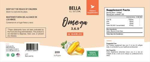Bella All Natural Omega 3 6 9 with Garlic Oil - 200 Softgels - Maple Wellness Supplements