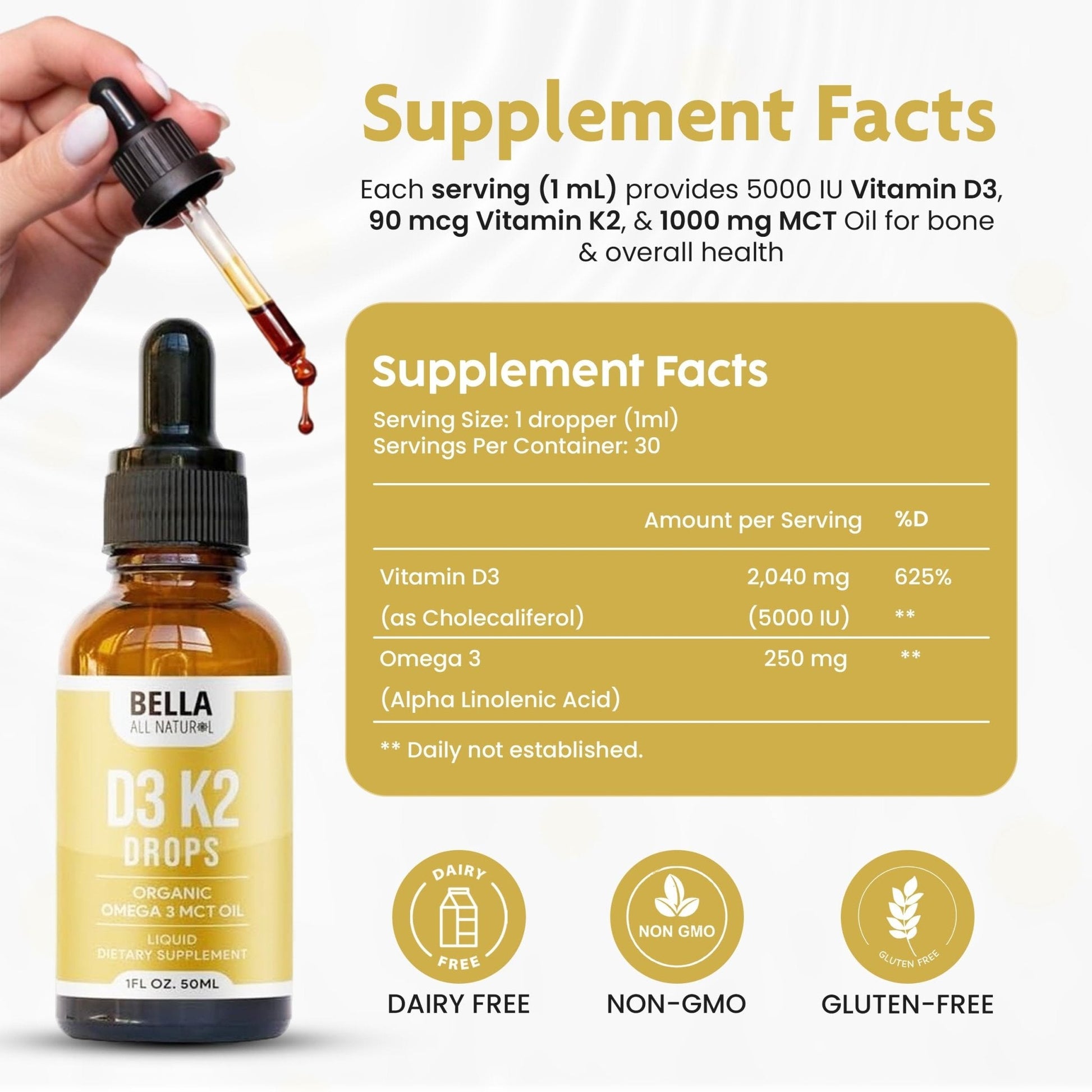 Bella All Natural Vitamin D3 K2 Liquid Drops 5000 IU (Unflavored) - Omega 3 with MCT Oil - Maple Wellness Supplements